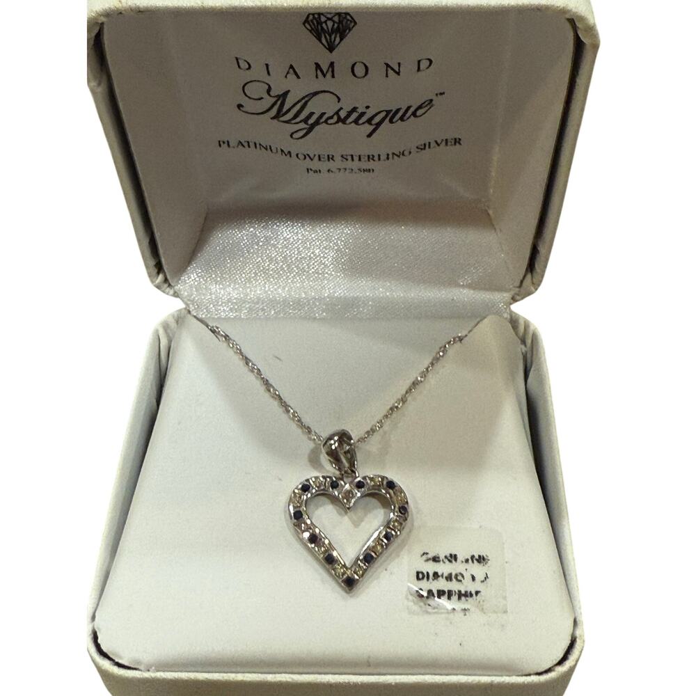 NIB Mystique Platinum Over Sterling Silver Diamond & Sapphire Heart Necklace